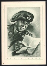 AK Der Deutsche Soldat, Panzermann, Mann mit Totenkopfabzeichen liest eine Nach 