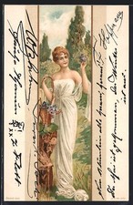 AK Dame im weißen Gewand pflückt Blumen in einem Garten, Jugendstil 