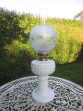 Antike Messing & Glas Öllampe Kamin & original runder geätzter Öllampenschirm