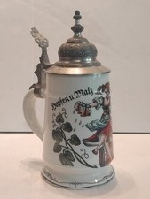 Bierkrug/Porzellankrug mit Zinndeckel Handarbeit Dr. Merkle Atelier