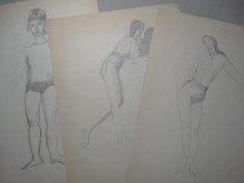 Weibliche Körperstudien Frauen Körperhaltung 5 Zeichnungen Bleistift Kohle 1960
