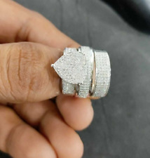 14k Weiß Vergoldet Ihn Sie Herzförmig Labor Erstellt Hochzeit Trio Ring Band Set