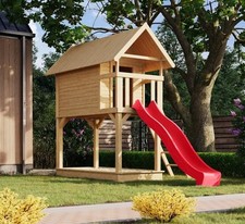 Stelzenhaus Kinderspielhaus Spielturm Gernegroß natur mit Rutsche rot 120x244cm