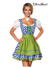 Traditionelles Mini-Dirndl blau weiß kariert grüne Schürze 34 36 38 40 42 44 46