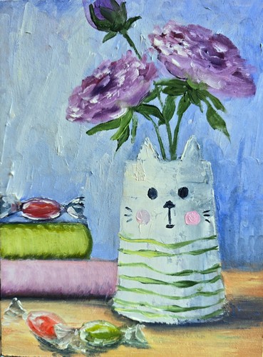 Vase katze ölbild 15x20 - vase,
