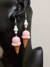 Ohrringe , Eistüte groß , 7,5 cm , Erdbeer - Eis mit Sahne , Sommer , Trendy