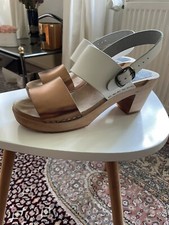 Funkis Swedish Leather & Wood Clogs in White & Cooper with Rubber Soles- EUR 39