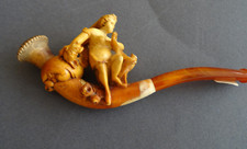 Antike Meerschaumpfeife , Dame mit einem Hund und Vogel