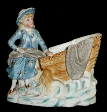 Seltene & entzückende antike deutsche viktorianische Biskuit Fischer Frau Überlauf Vase um 1880