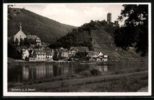 Lithographie Beilstein a. d. Mosel, Ortsansicht mit Kirche und Burgruine 