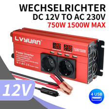 Auto Wechselrichter 750W 1500W Spannungswandler DC 12V auf AC 230V Inverter LCD