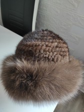 Damen Echte gestrickte Nerz Pelz Hut mit Fuchsfell 57-59 Braun.
