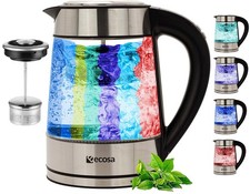 Edelstahl Glas Wasserkocher LED Beleuchtung Farbwechsel Temperaturwahl u.Teesieb