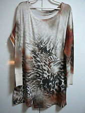 K Pulli Pullover Tunika Gr 2XL beige-braun mit Afrika-Print+Straß+Nieten vorne
