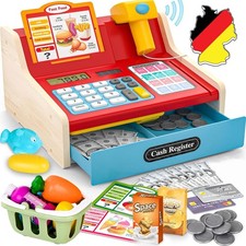 HOLZ Kinder Kasse Lebensmittel Kaufladen Zubehör Set Spiel Laden Kaufmannsladen