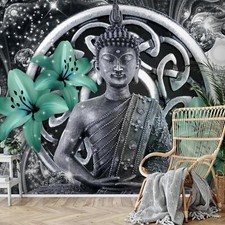 Fototapete Buddha Lilie Wohnzimmer Schlafzimmer Grün Grau Vlies Tapete 9108b