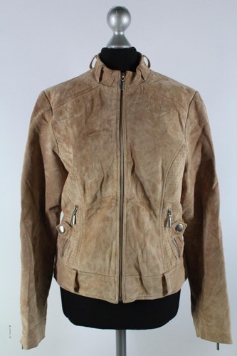 Amisu beige braune leder jacke - beige-braune, leder-jacke