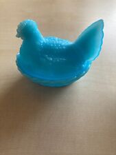 Antike Huhn Deckeldose um 1900? Pressglas Opalglas Blau Türkis Henne Ostern Nest