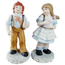 Porzellan Figur Mädchen Junge mit Schulranzen Set 2 tlg. 