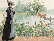 Karin by the shore Carl Larsson Ufer Bäume See Pflanzen Boot Hut B A3 00984