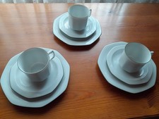 3 Kaffeegedecke-Tasse/Untert/Kuchenteller achteckig grüner Rand Seltmann Weiden