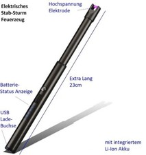 Elektrisches Stab Sturm Feuerzeug inkl. Batterie und Ladekabel lange Ausführung