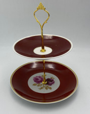 Etagere, 2 stöckig, Weinrot mit Gold und Rosen