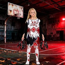 Zombie Cheerleader Kostüm Set – Kleid + Pompons + Tattoos + Kunstblut