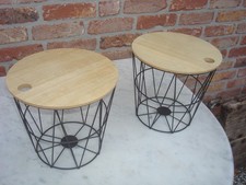 Holz Blumenhocker mit Metall Aufbewahrungskorb Beistelltischchen