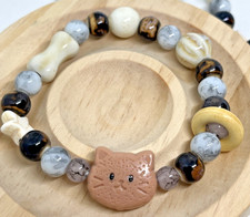 Süßes Porzellan Keramik Armband Stretcharmband blau beige 1 Stück Katze Knochen