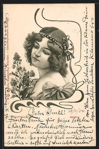 Lithographie dame kleid - in, mit