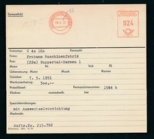 S1758) Francotyp AFS Stammkarte 1951 Wuppertal-Barmen ( Frobana Maschinenfabrik)