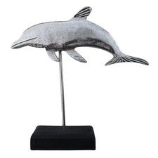 Deko Figur Metall Delfin silber Fisch Delphin Holz Dekoobjekt Skulptur Statue 2