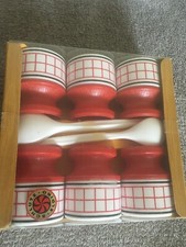 6 x Eierbecher 6xLöffel rot weiß Vintage 70er, 80er Kunststoff Eldiro Schlutz