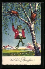 AK Fröhliche Pfingsten, Frosch auf einer Schaukel raucht eine Pfeife und beobac 