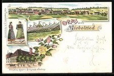 Lithographie Biebelried, Totalansicht, Brauerei Leicht, Tribüne b.d. Kaiserpara 