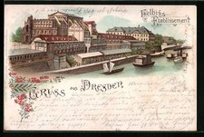 Lithographie Dresden, Helbigs Etablissement mit Fahnen und Schiffen 1900 