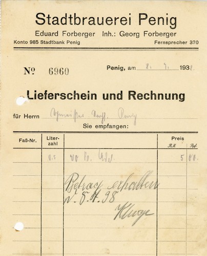 Rechnung stadtbrauerei penig - stadtbrauerei,