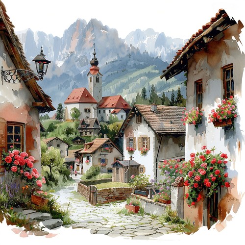Wandbild dorf berge - dorf, alpen