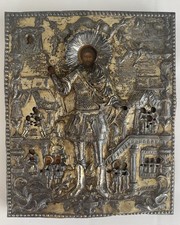 Ikone Hl. Johannes Der Krieger mit Vita-Szenen. Vergoldeter Silber Oklad 1791 