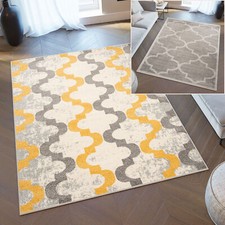 Wohnzimmer Teppich Kurzflor Grau Gelb Geometrisch Gitter Design Jugendzimmer