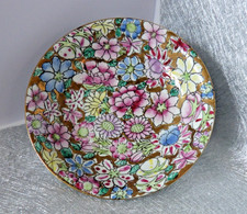 Asiatische Porzellan Schale D: ca. 15cm mit bunten Blumen und Gold-Intarsien alt