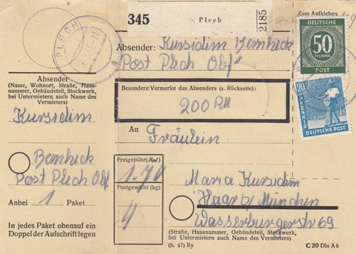 Paketkarte 1948 plech nach - paketkarte,