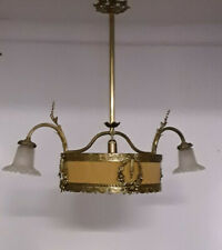 Deckenlampe Messinggestell Gußapplikationen 2 Glasschirme Stoffbespannung 1910er