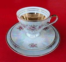 1960 Walbrzych Sammeltasse Sammelgedeck Gold Perlmutt Rosen Grün Gelb Lila Rot