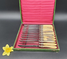 Altes 12tlg Jugendstil Jäger Messer Set mit Horn Griffen, Paris France in Box