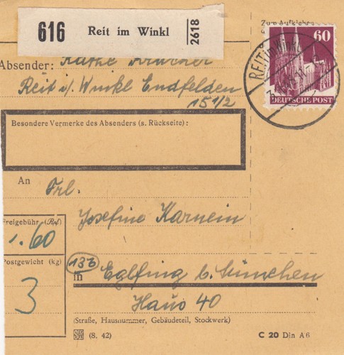 Bizone paketkarte 1948 reit - bizone, 1948: