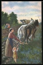 Ansichtskarte Bäuerin mit Pferdepflug bei der Feldarbeit 