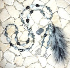 ★ lange Kette ★ HIPPIE BOHO IBIZA PEACE ★ LAPISLAZULI ★ FEDERBOA ★ schwarz/grau