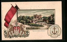 Passepartout-Lithographie Hamburg-St.Pauli, Kersten Miles-Brücke, Fahnen, Wappe 